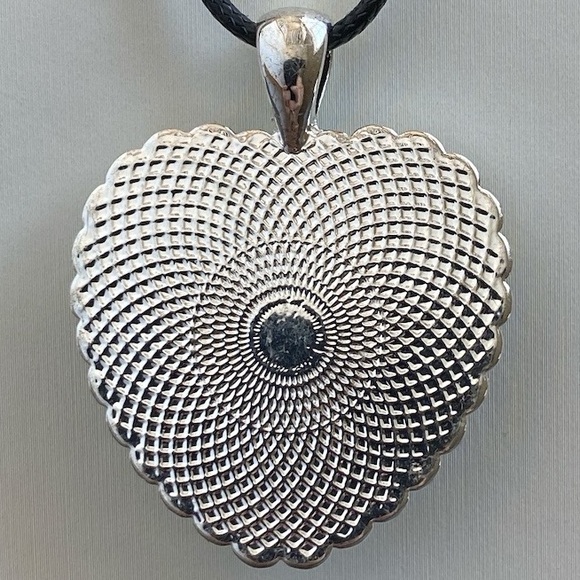 Handmade Green Heart Fluid Art Necklace with Rhinestone Border on Black Cord - Picture 7 of 15